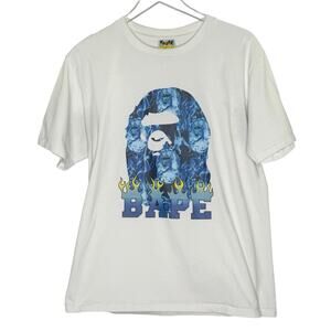 BAPE Ape Head Flame T-Shirt Tee Top White Blue L Short Sleeve *flaw